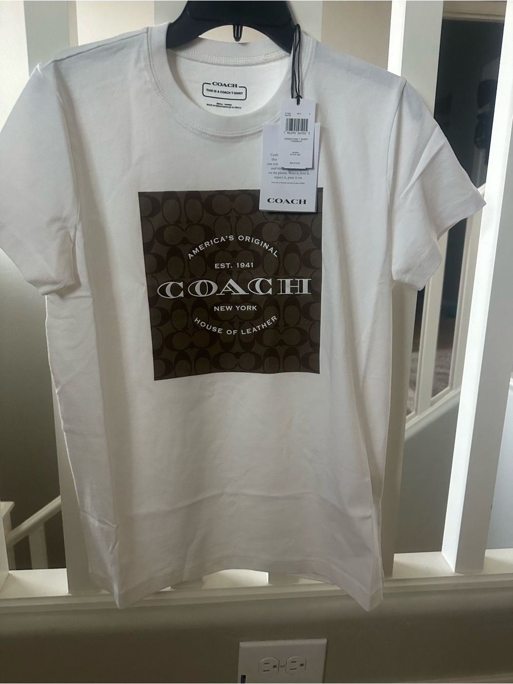 Coach White Short Sleeve Tee with Brown Logo Panel